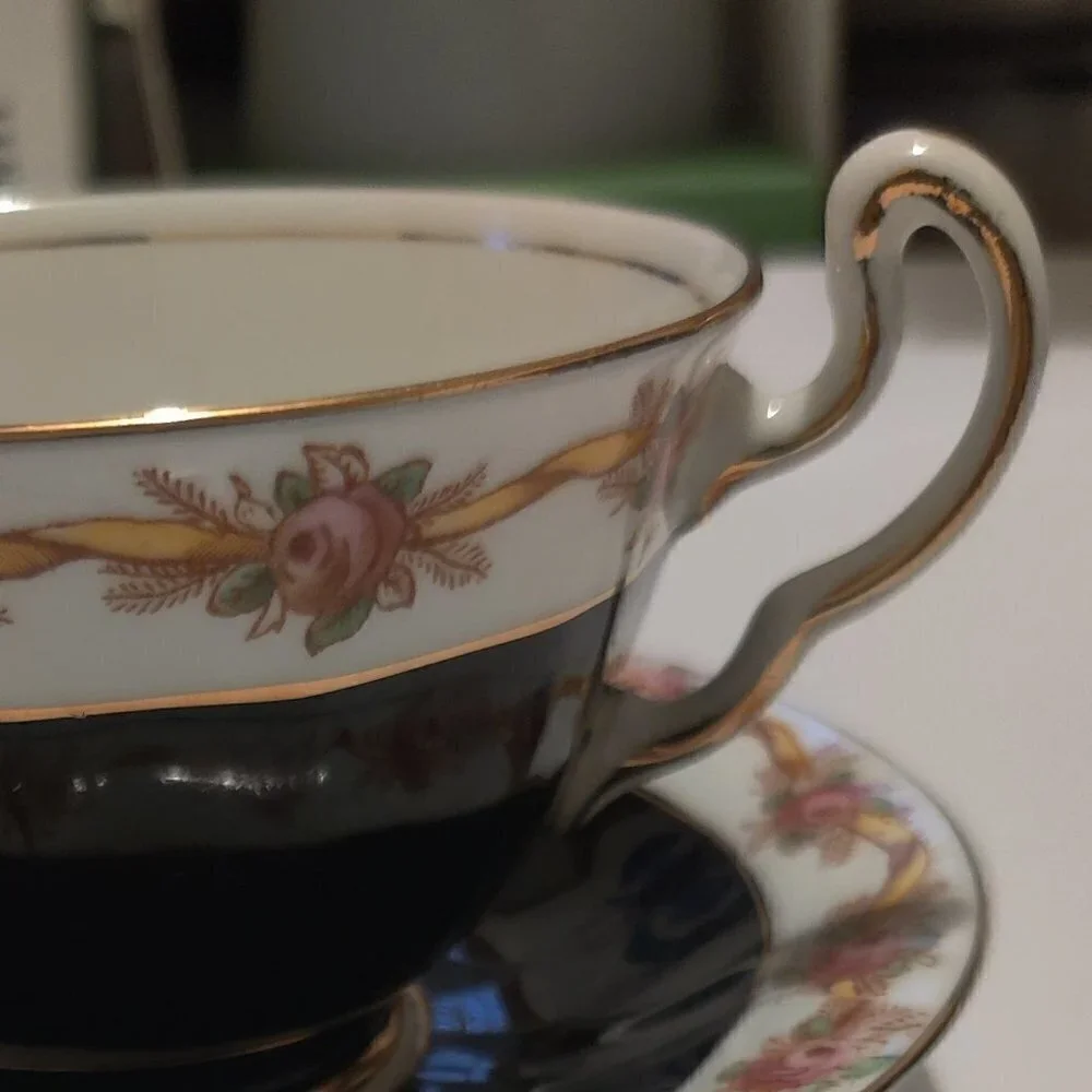 Adderley Teacup Made in England, Black With Ribbon of Florals & Gold, Excellent